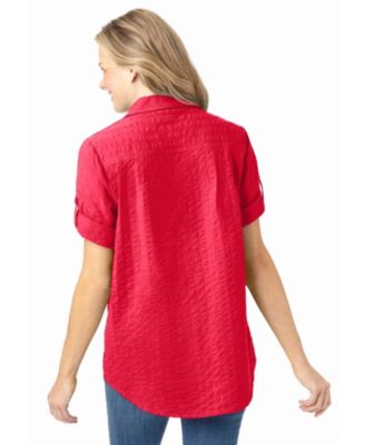Plus Size Short-Sleeve Button Down Seersucker Shirt