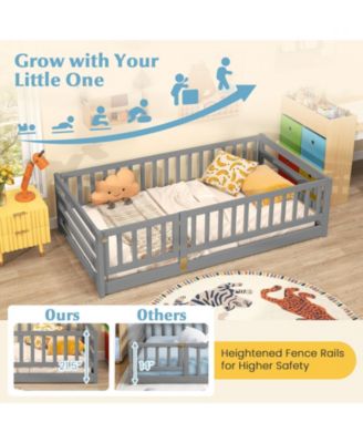 Twin Size Floor Bed w/High Fence & Door Safety Guardrails Wood Floor Bed Frame