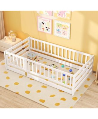 Twin Size Floor Bed w/High Fence & Door Safety Guardrails Wood Floor Bed Frame