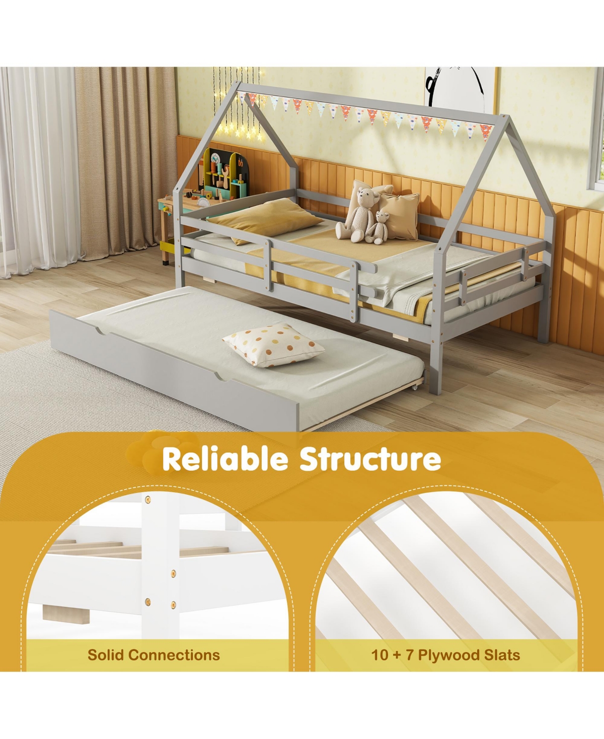 Gymax Twin House Bed w/ Trundle Wooden Kids Safety Rails & Decorable Roof