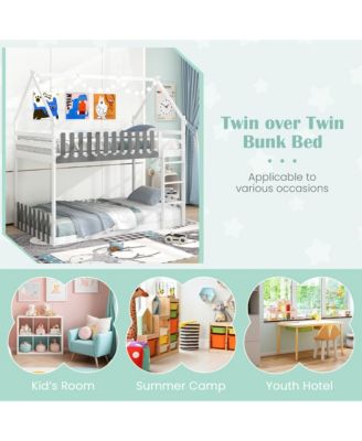 Twin Over Twin Bunk Bed w/ Fence & Ladder Solid Wood Floor Bunk Bed for Kids