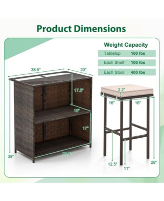 3 Pieces Patio Bar Set PE Wicker Outdoor Bar Table & Stools Set w/ Removable Cushions