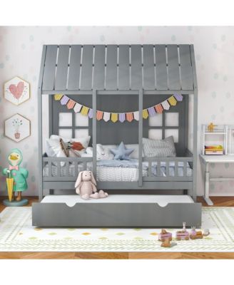 Twin Size House Bed with Trundle Fence Decor Wooden Windows Tall Roof