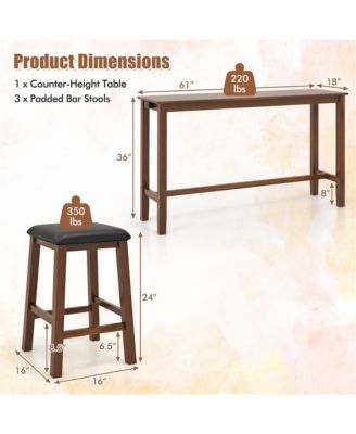 4-Piece Bar Table Set w/ Power Outlet Counter-Height Table & 3 Bar Stools