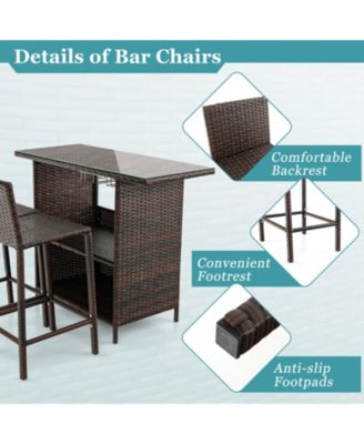 3PCS Wicker Bar Set Height Table 2 Stools w/3 Rows Stemware Racks Garden Patio