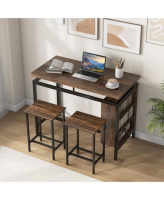 3-Piece Dining Table Set Bistro Table & 2 Bar Stools w/ 3-Tier Storage Shelf