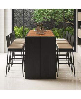 7 Pieces Patio Bar Set w/ Acacia Wood Tabletop & Removable Cushions Outdoor