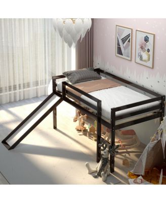 Twin Size Loft Bed with Slide Wood Low Sturdy Loft Bed Bedroom