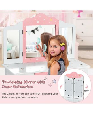 Kids Vanity Princess Makeup Dressing Table Chair Set W/ Tri-folding Mirror