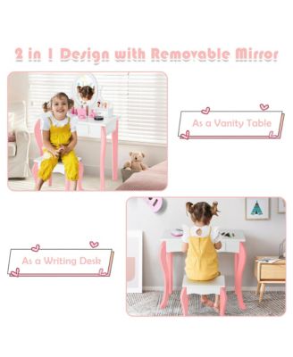 Kids Vanity Princess Makeup Dressing Table Stool Set W/ Mirror Drawer