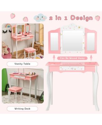 Kids Vanity Princess Makeup Dressing Table Chair Set W/ Tri-folding Mirror