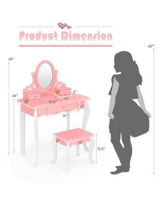 Kids Vanity Princess Makeup Dressing Table Stool Set W/ Mirror Drawer