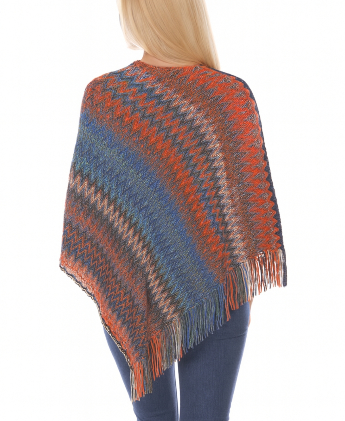 White Mark Women's Chevron Knit Fringed Hem Poncho Sweater In Multi