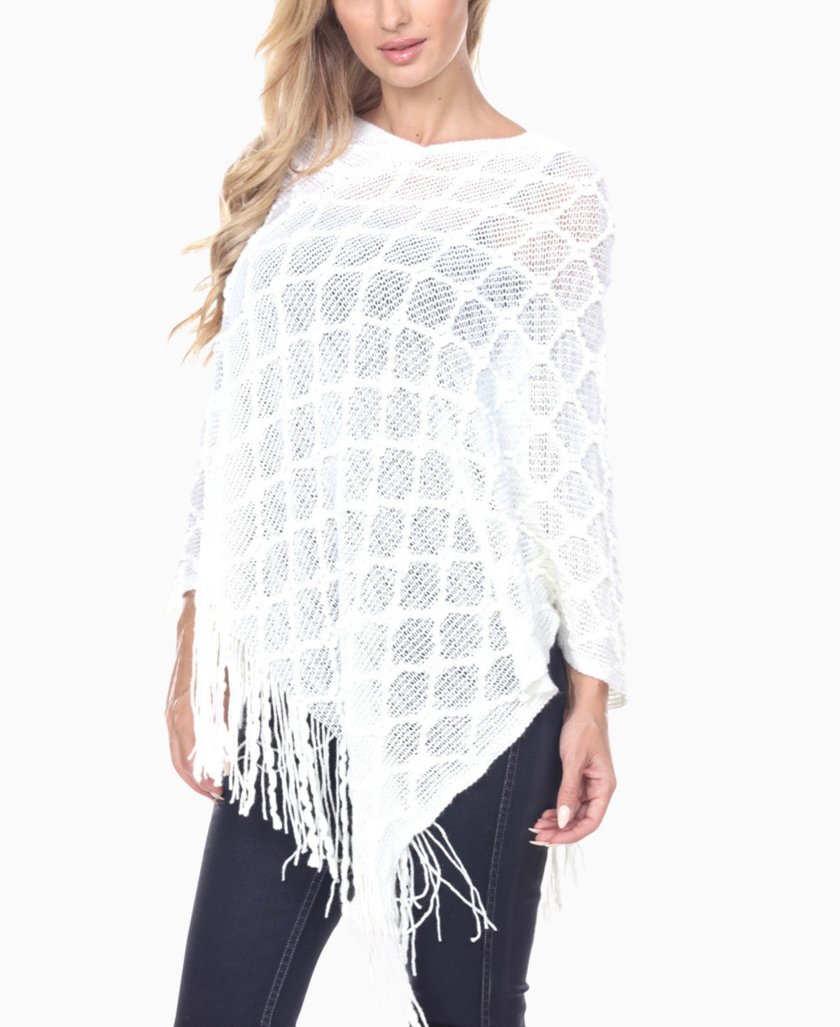White Mark Women's Open Knit Fringe Poncho Sweater In White