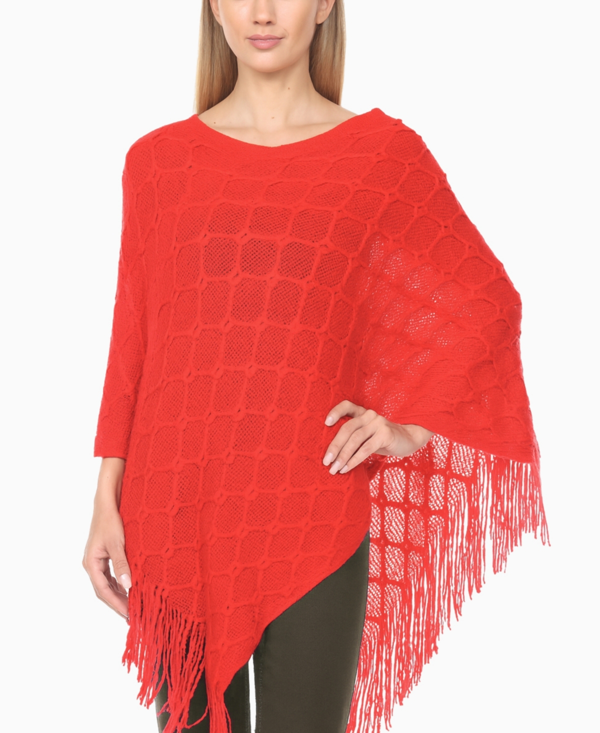 White Mark Women's Open Knit Fringe Poncho Sweater In Red
