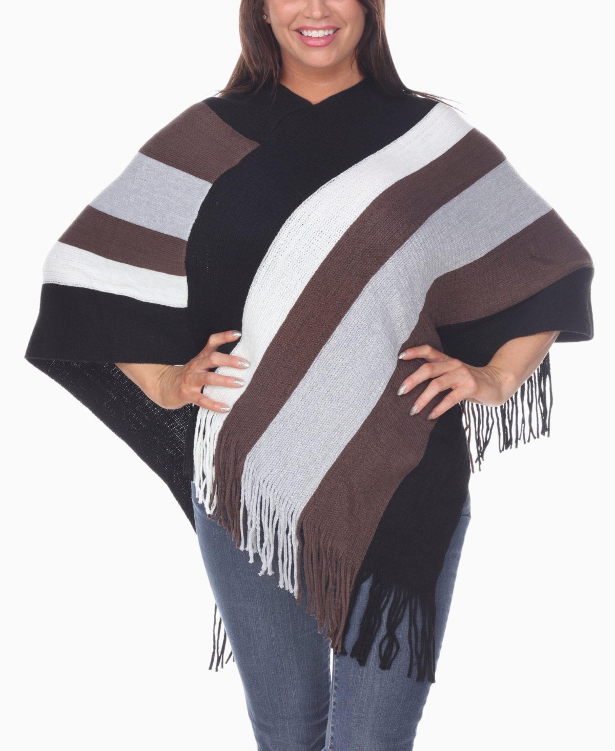 White Mark Women's Striped Knit Fringe Poncho Sweater In Brown