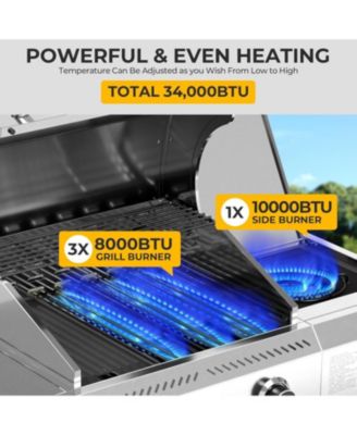 3-Burner Propane Gas Grill with Side Burner 34,000 BTU Stainless Steel Outdoor BBQ Grill, Cast Iron Grates, Portable for Patio, Camping