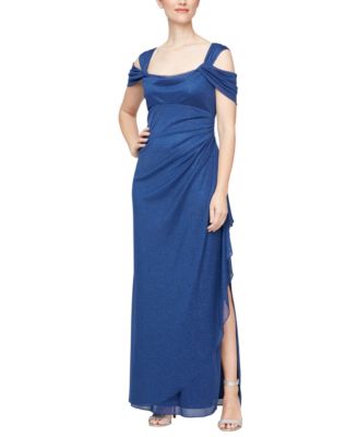 Cold-Shoulder Draped Metallic Petite Gown