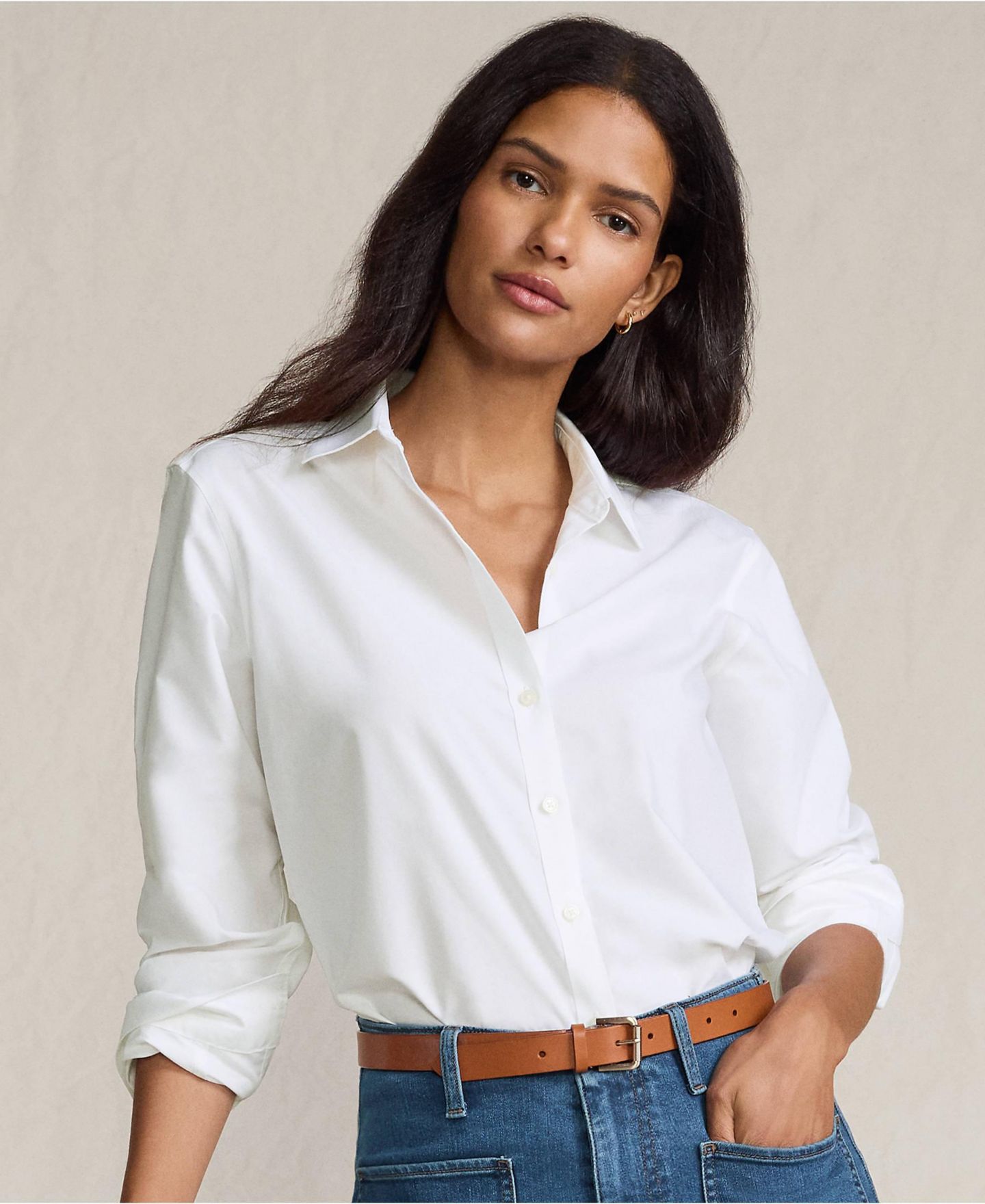 Женская рубашка Lands' End No Iron Boxy Cropped, цвет: Белый — фото 4