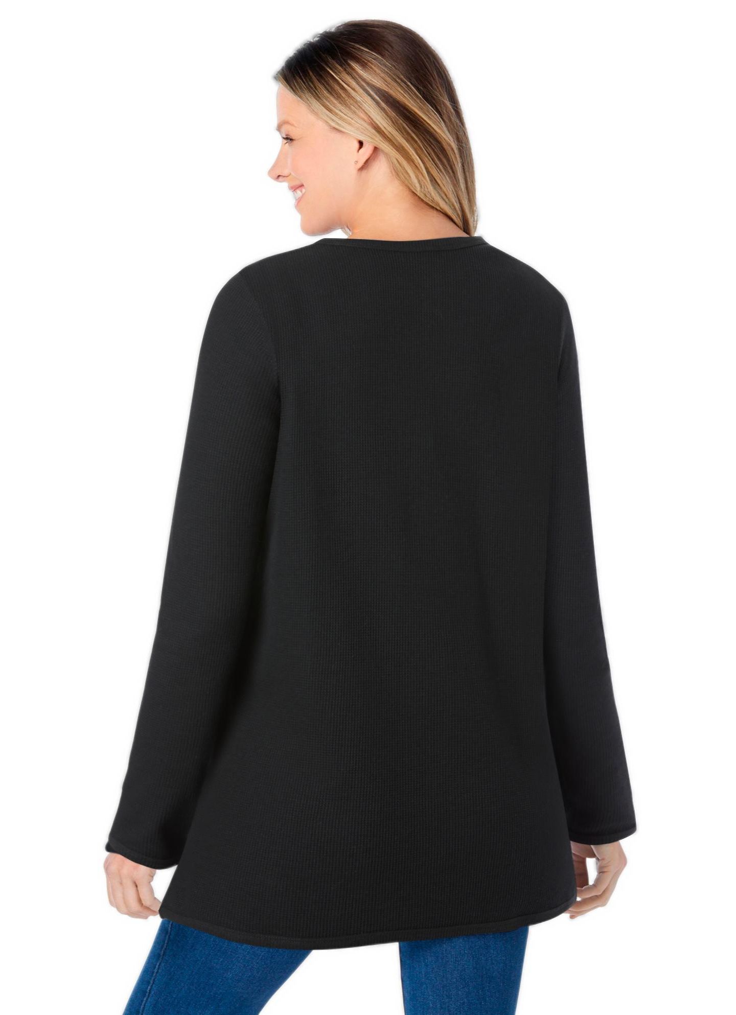 Женская рубашка Woman Within Plus Size Within Long-Sleeve Crewneck Soft Waffle Knit Thermal, цвет: Чёрный — фото 2