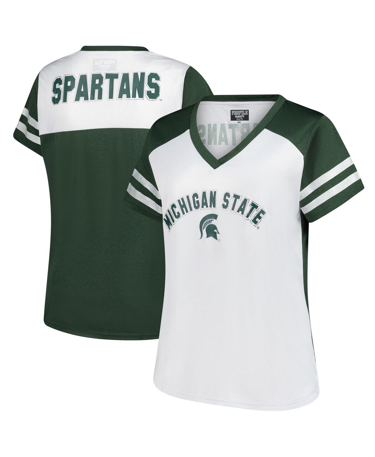 Fanatics Women's White Michigan State Spartans Plus Size Rhinestone Glitter Sleeve Stripe V-neck T-shirt In White