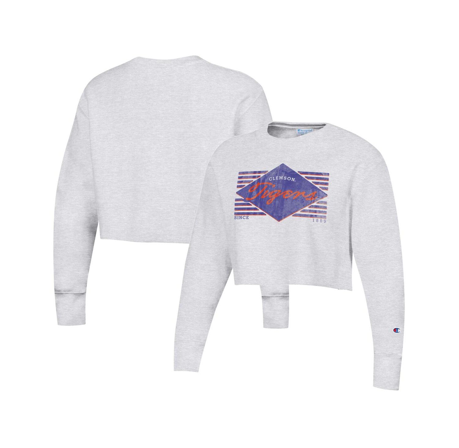 Women's Heather Gray Clemson Tigers Reverse Weave Cropped Pullover Sweatshirt