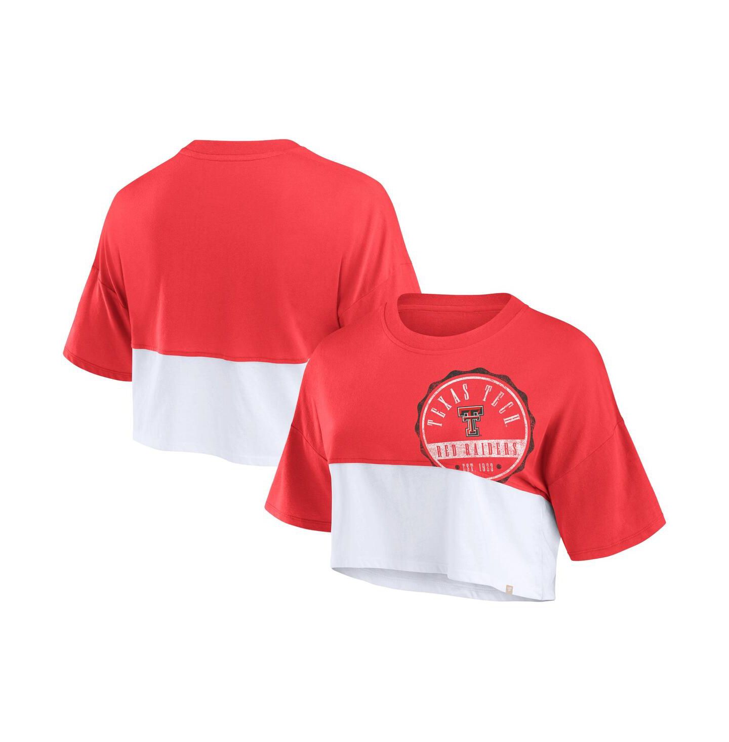 Женская футболка Fanatics Red/White Texas Tech Red Raiders Oversized Badge Color Block Cropped — фото 1