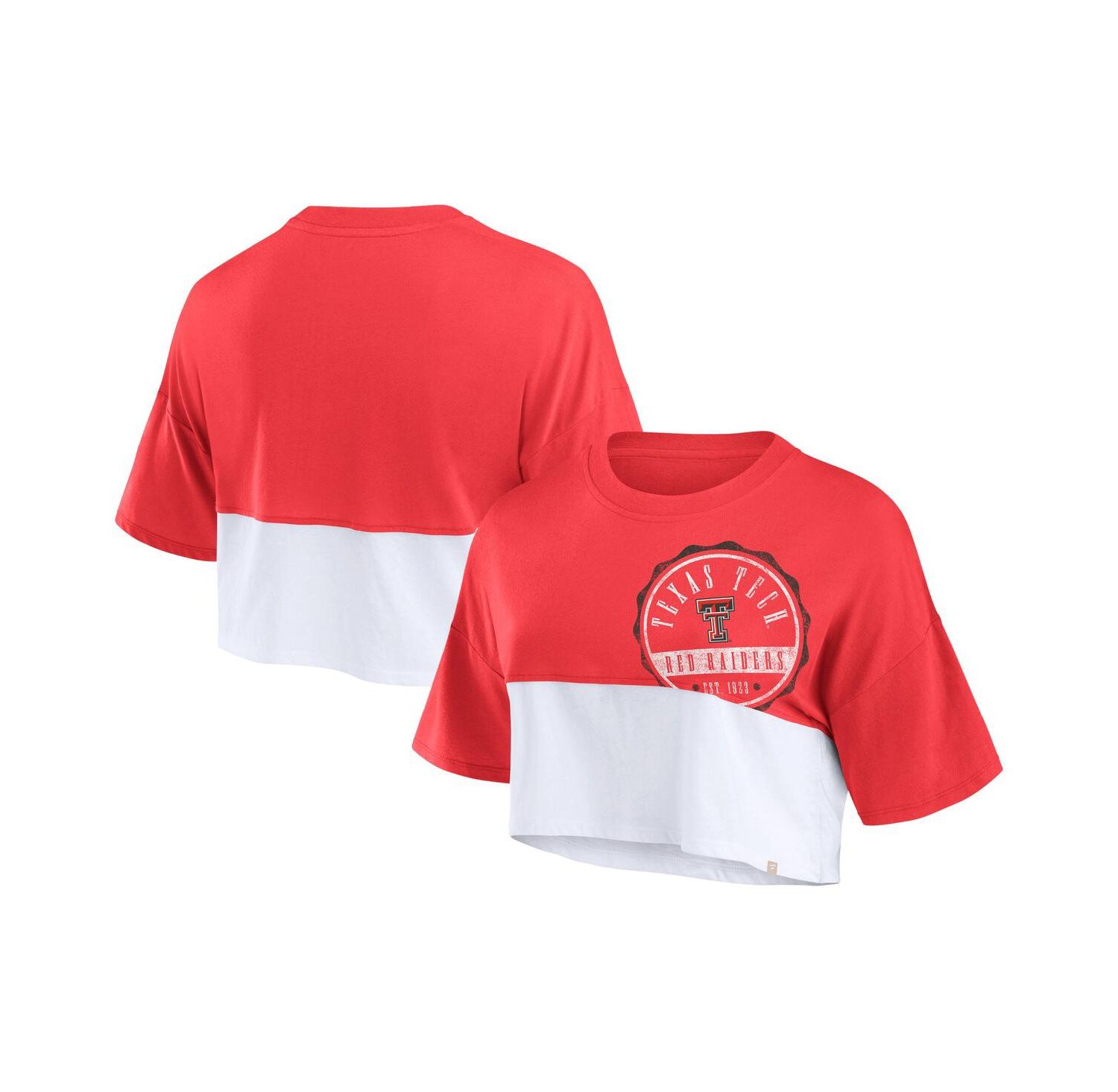 Women's Red/White Texas Tech Red Raiders Oversized Badge Color Block Cropped T-Shirt