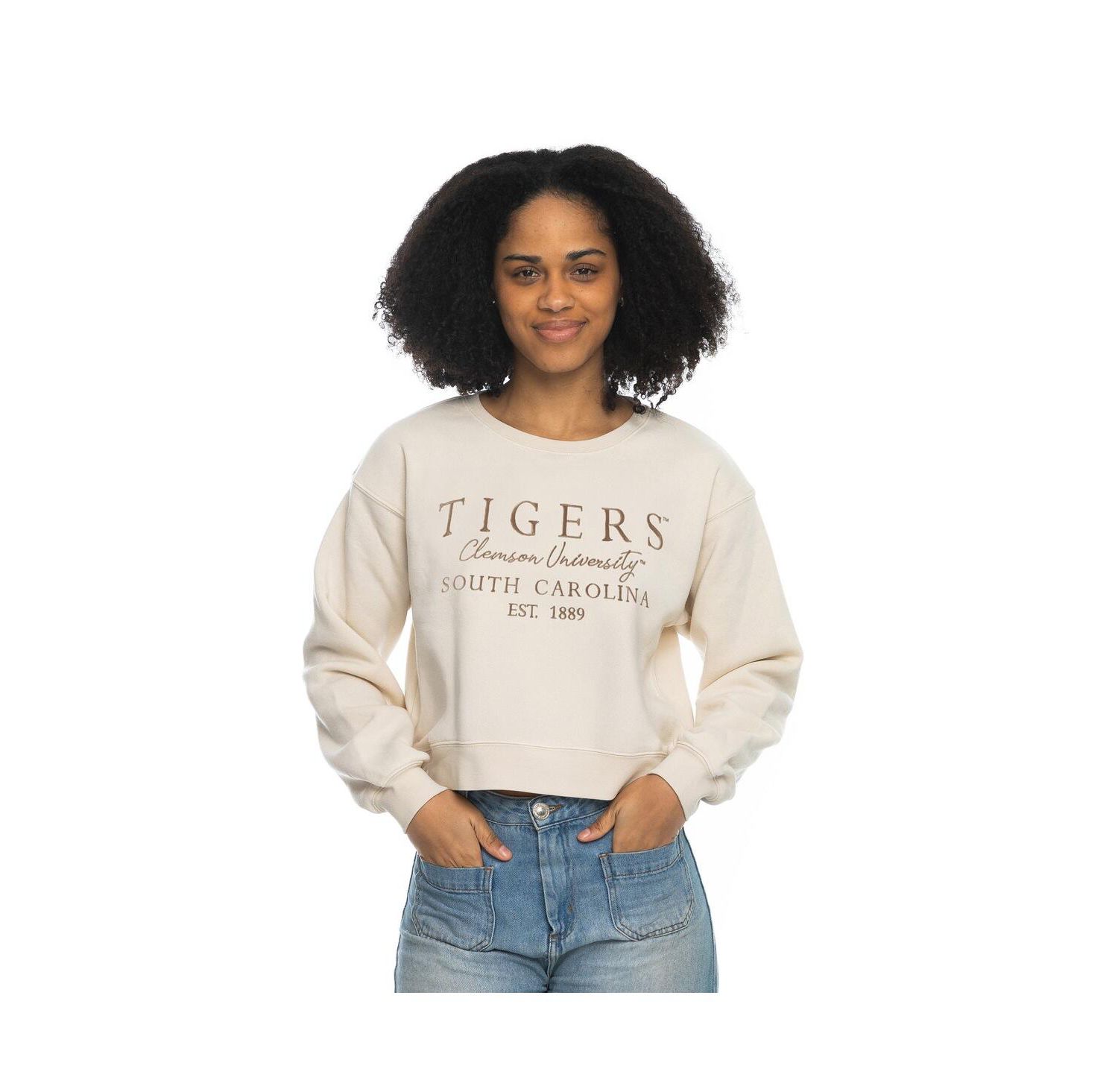 Women's Tan Clemson Tigers Cropped Crewneck Sweatshirt