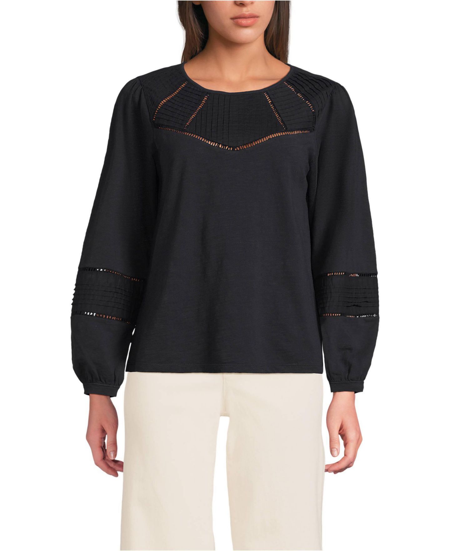 Женский топ Lands' End Long Sleeve Slub Pintuck, цвет: Чёрный — фото 1