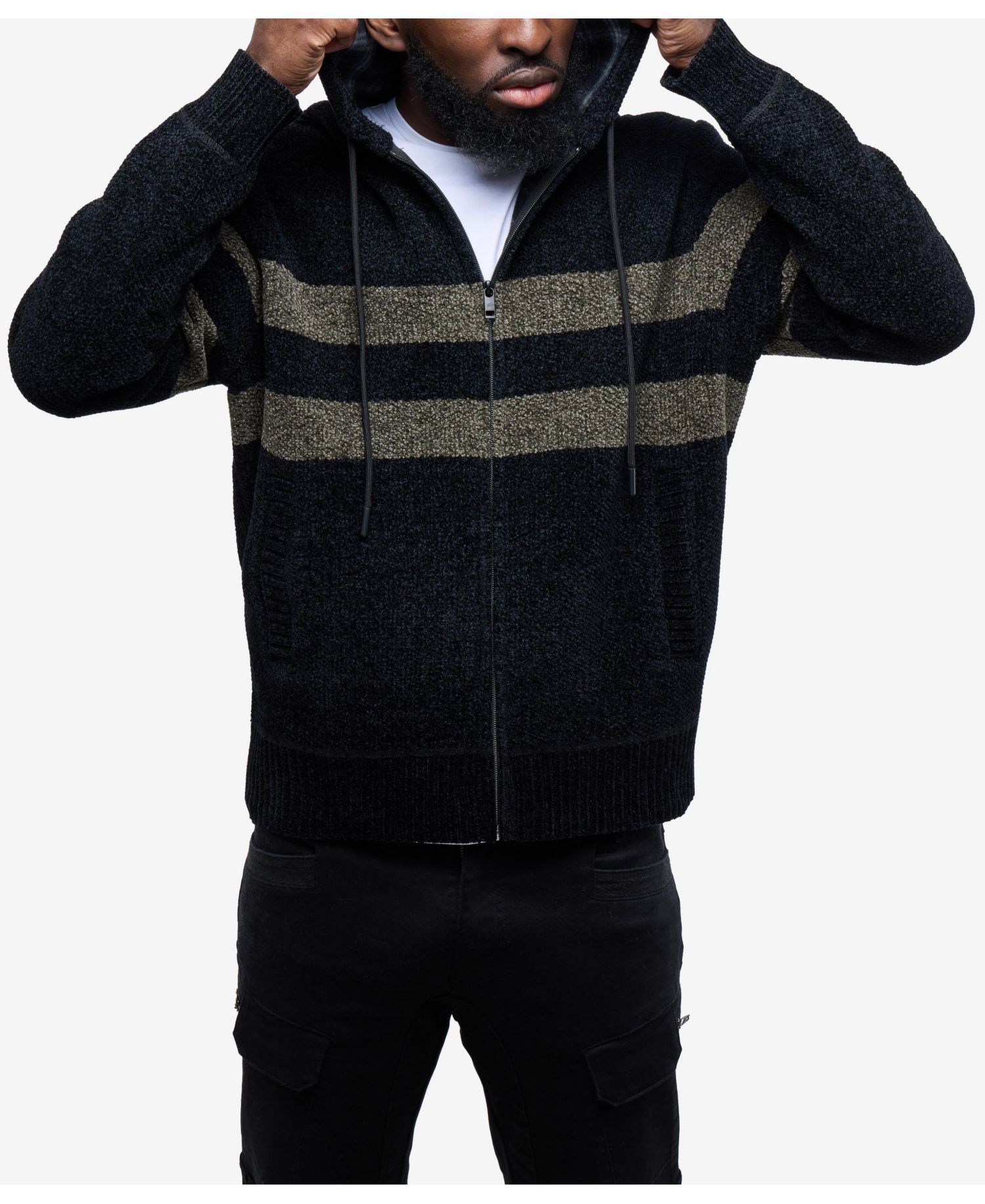 Men's Full Zip Hooded Sweater With Stripes And Flannel Lining