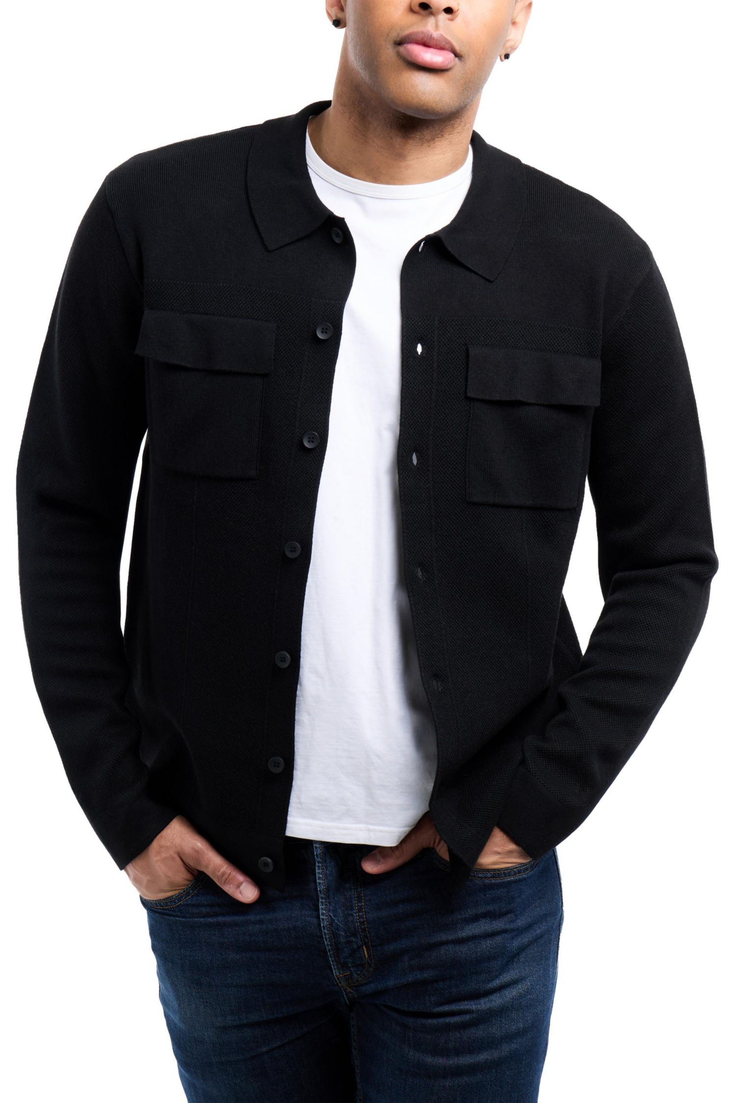 Men's Long Sleeve Sweater With Full Buttoned Two Patch Pockets