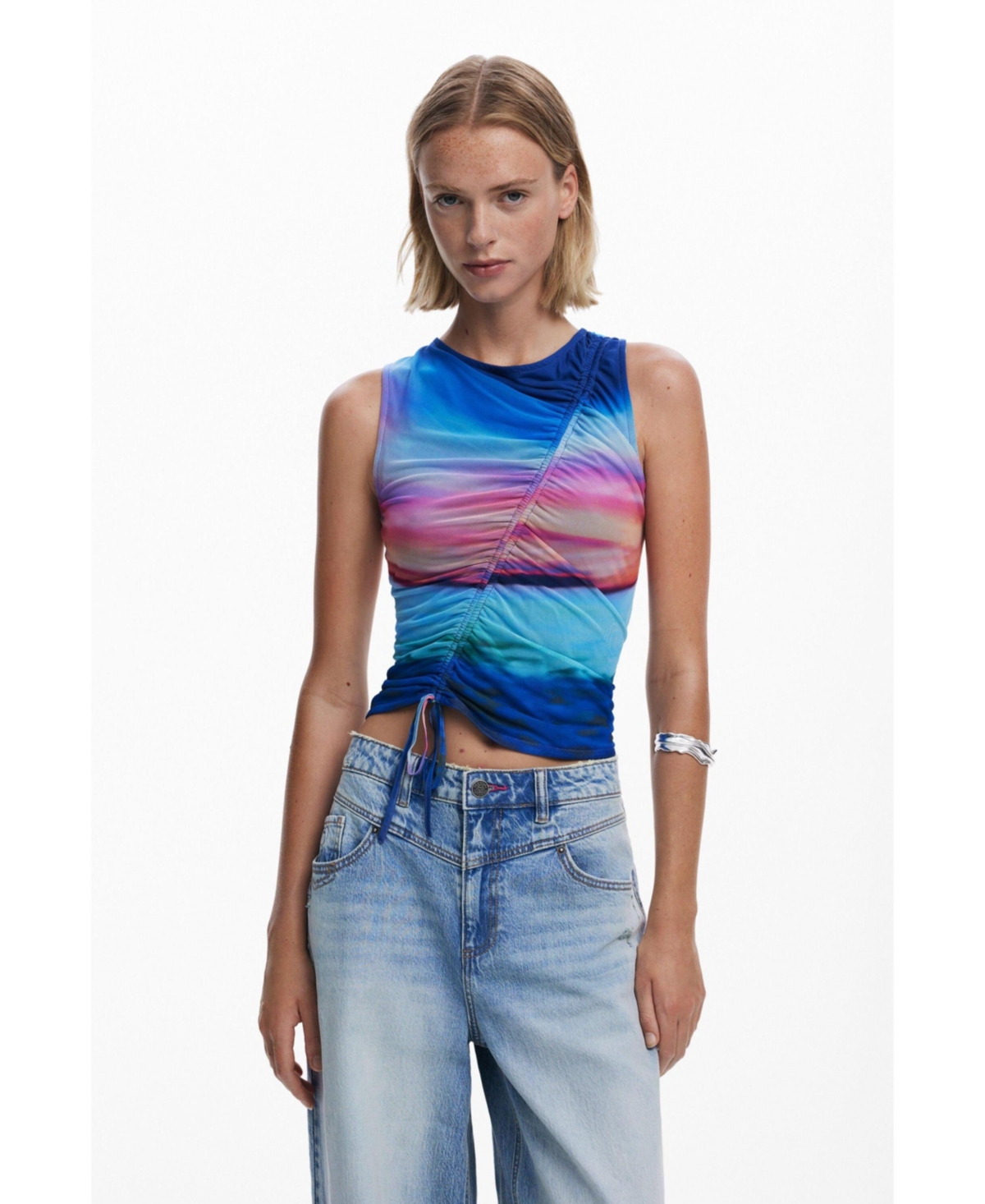 Desigual Shadow Pocket Wide Leg Jeans In Blue