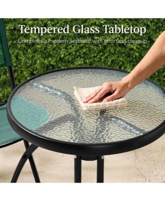 3-Piece Patio Bistro Dining Furniture Set w/ Round Textured Glass Tabletop, Folding Chairs