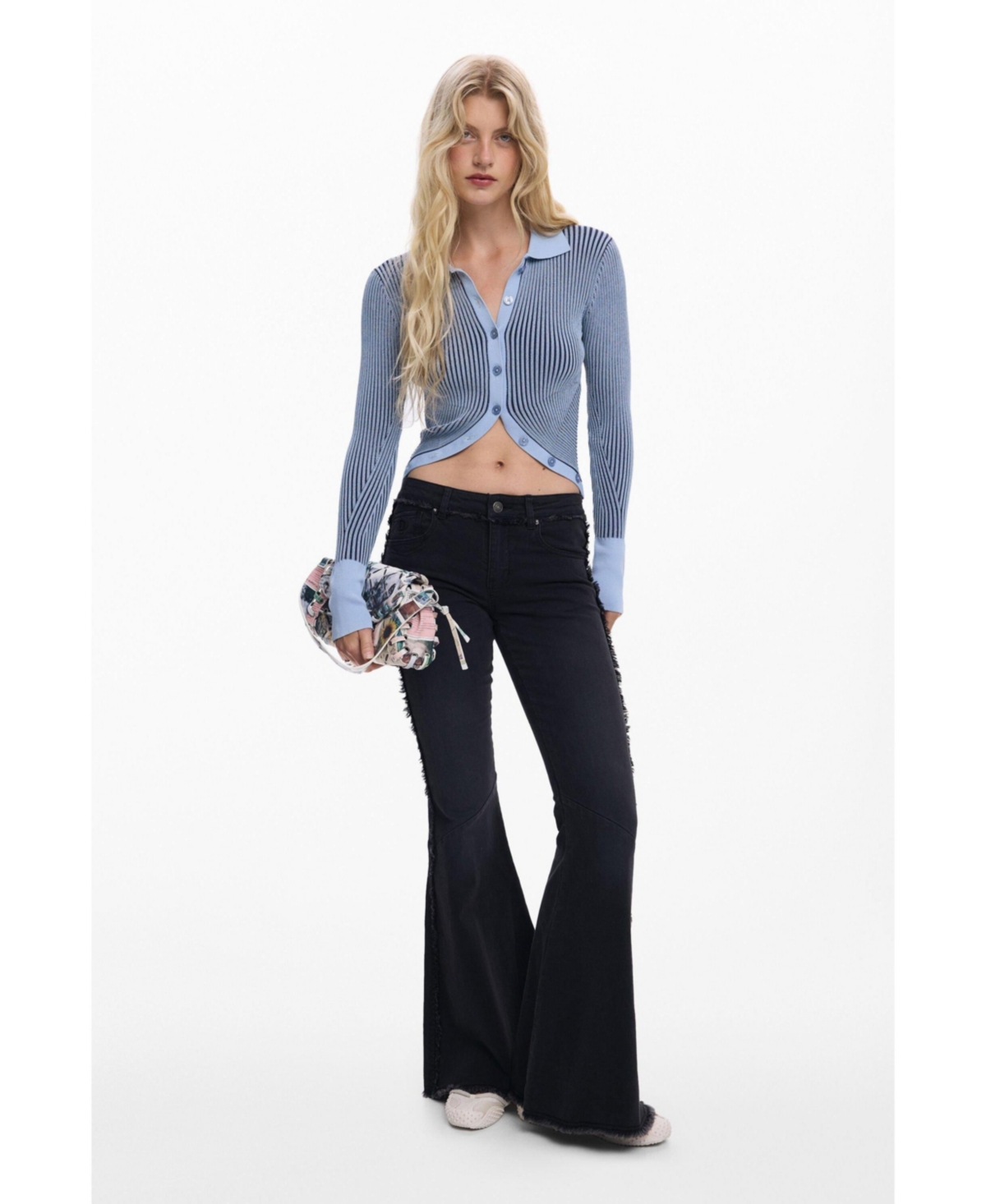 Desigual Frayed Low Rise Flare Jeans In Black