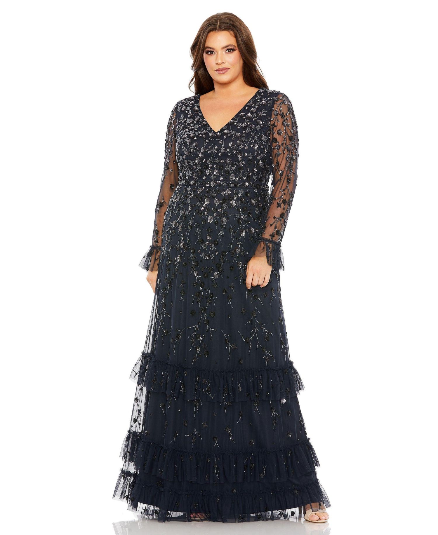 Women's V-Neck Embellished Long Flutter Sleeve Tired Gown