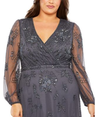 Women's Puff Sleeve V-Neck Tiered Embellished Gown