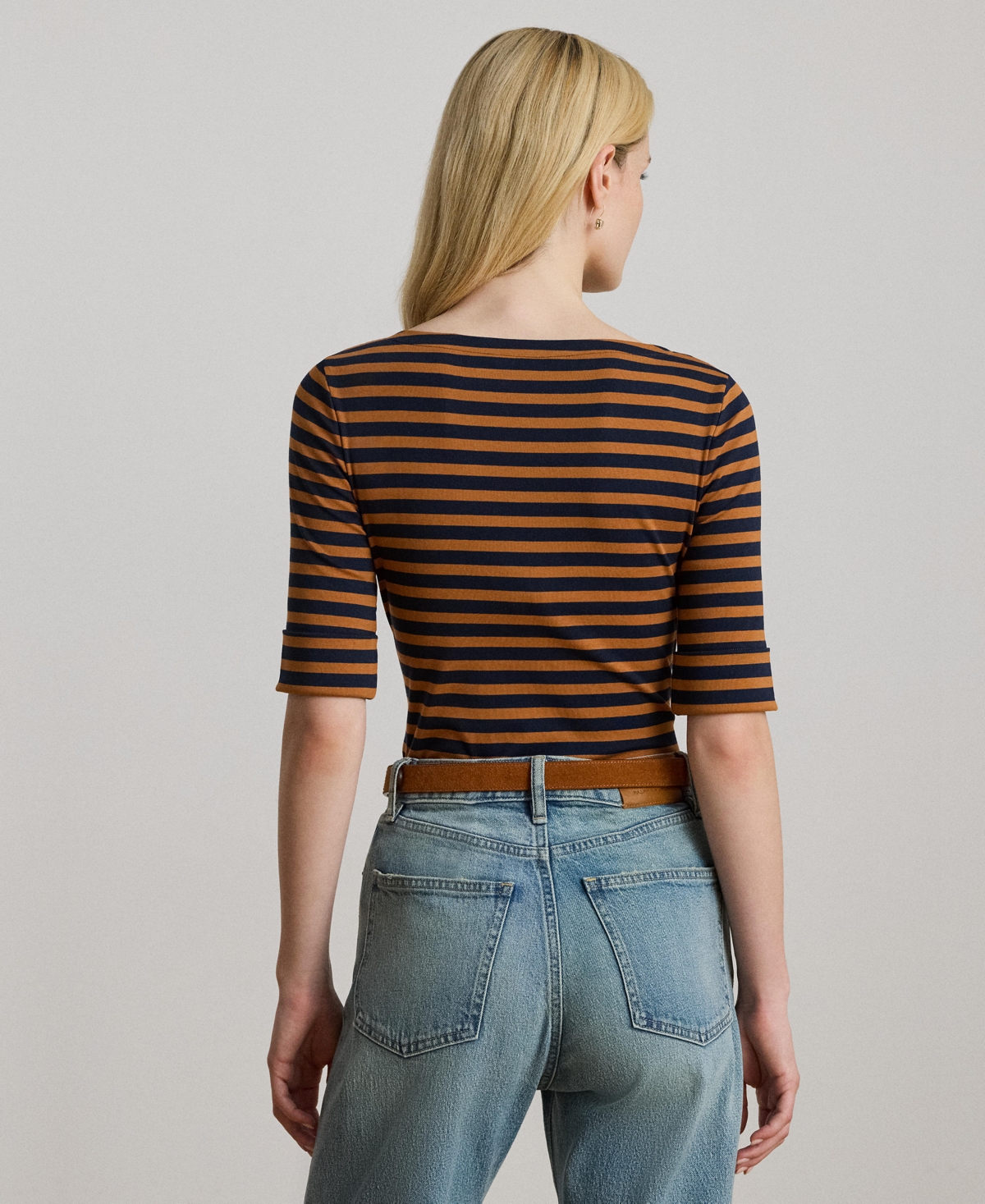 Ralph Lauren Petite Striped Stretch Cotton Boatneck Tee In Brown