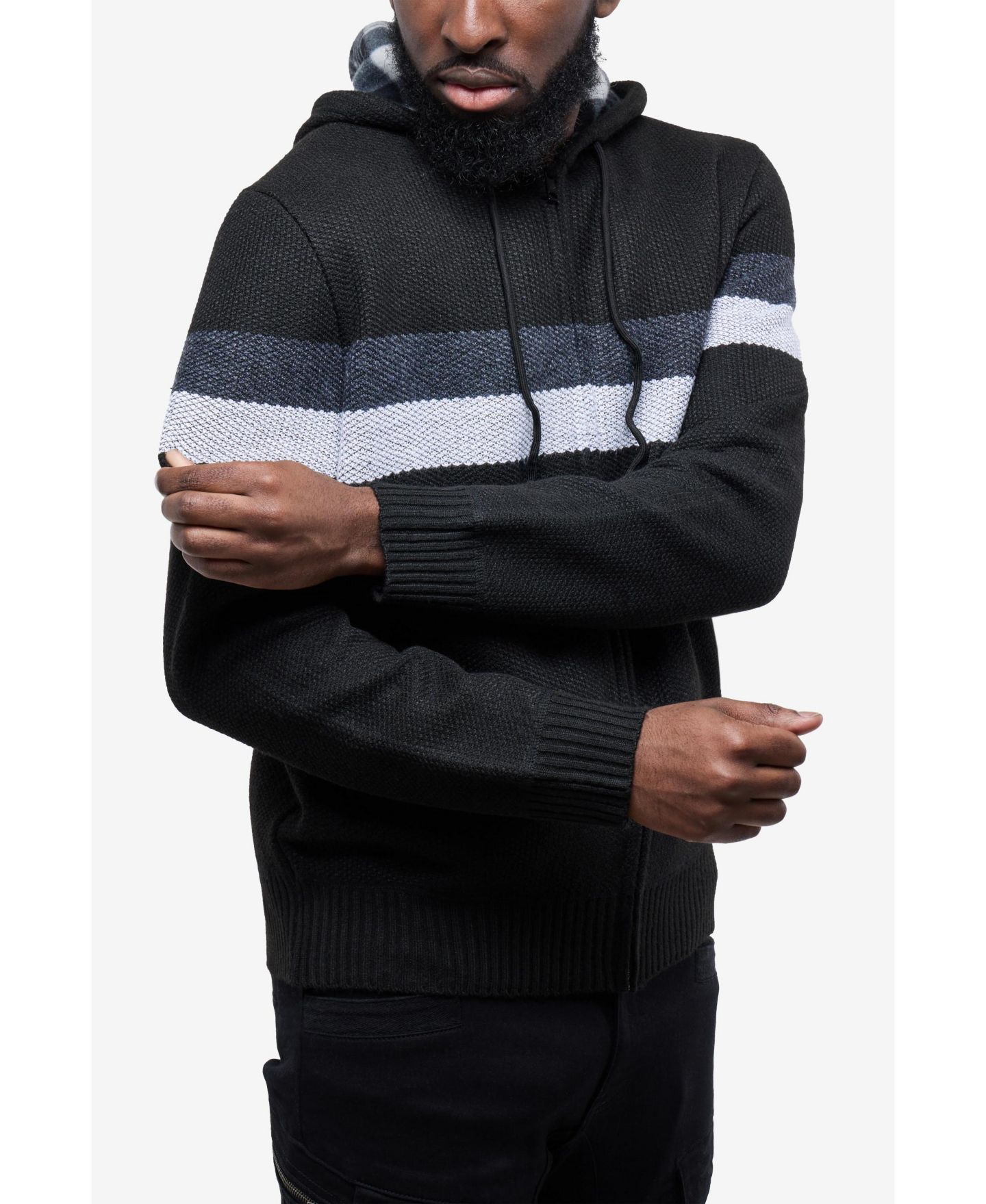 Мужской свитер CULTURA Hooded Fleece Lined Full Zip Sweater With Stripes, цвет: Чёрный / Угольный — фото 4