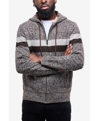 Men's Hooded Fleece Lined Full Zip Sweater With Stripes