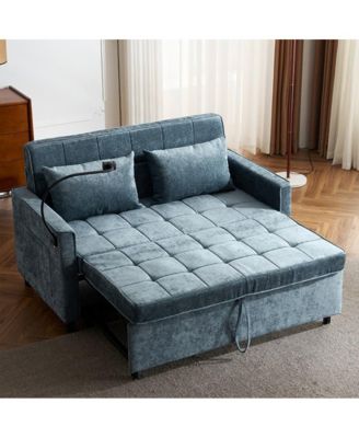 56.9" Pull-Out Sleeper Sofa with USB Ports, Phone Holder & Adjustable Backrest, Convertible Sofa Bed with Pillows