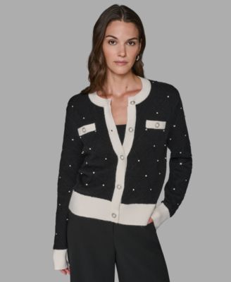 KARL LAGERFELD PARIS - Petite Crew Neck Front-Button Cardigan Sweater