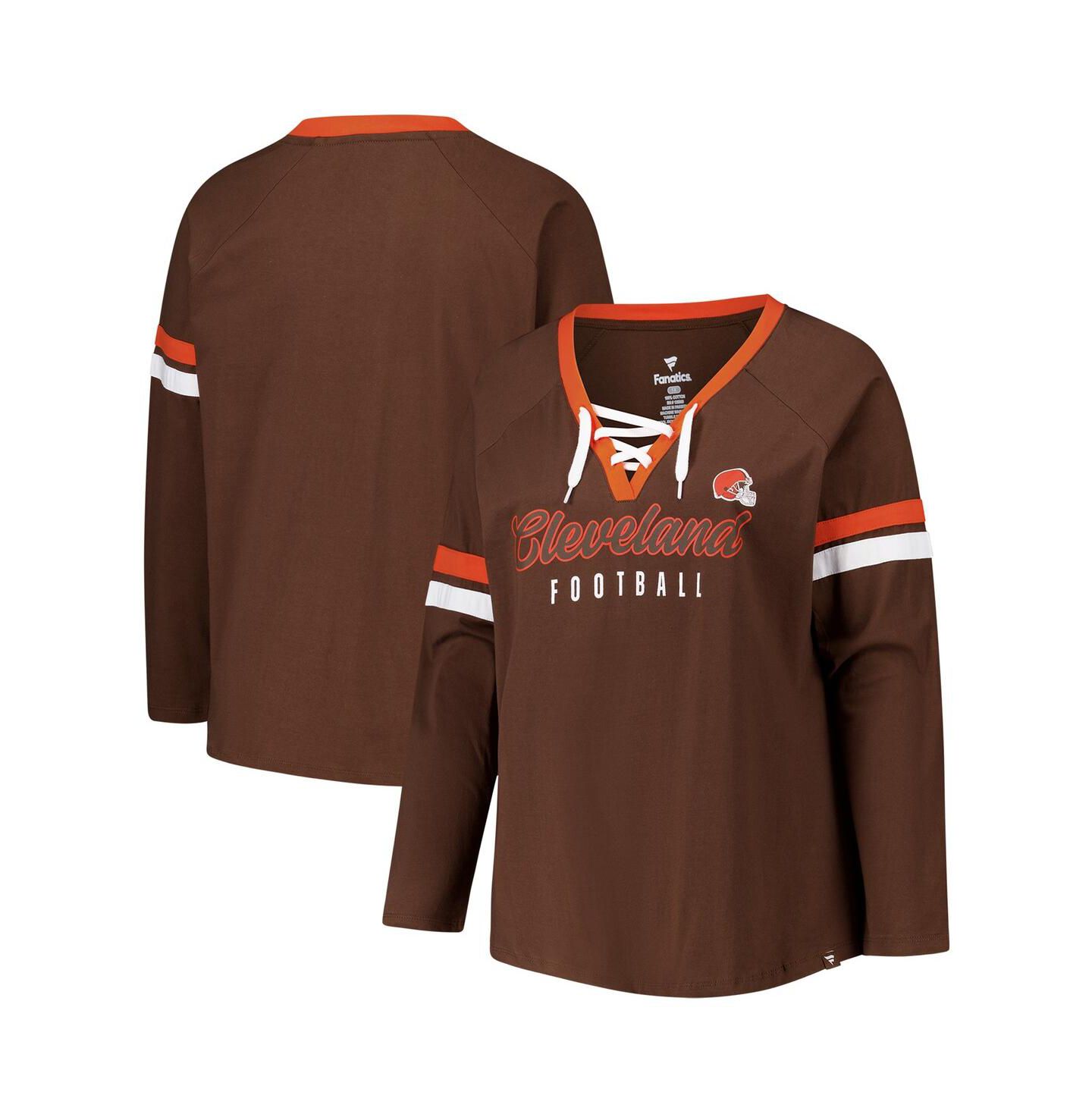 Женская футболка Fanatics Brown Cleveland Browns Plus Size Won Done Lace-Up V-Neck Long Sleeve — фото 1