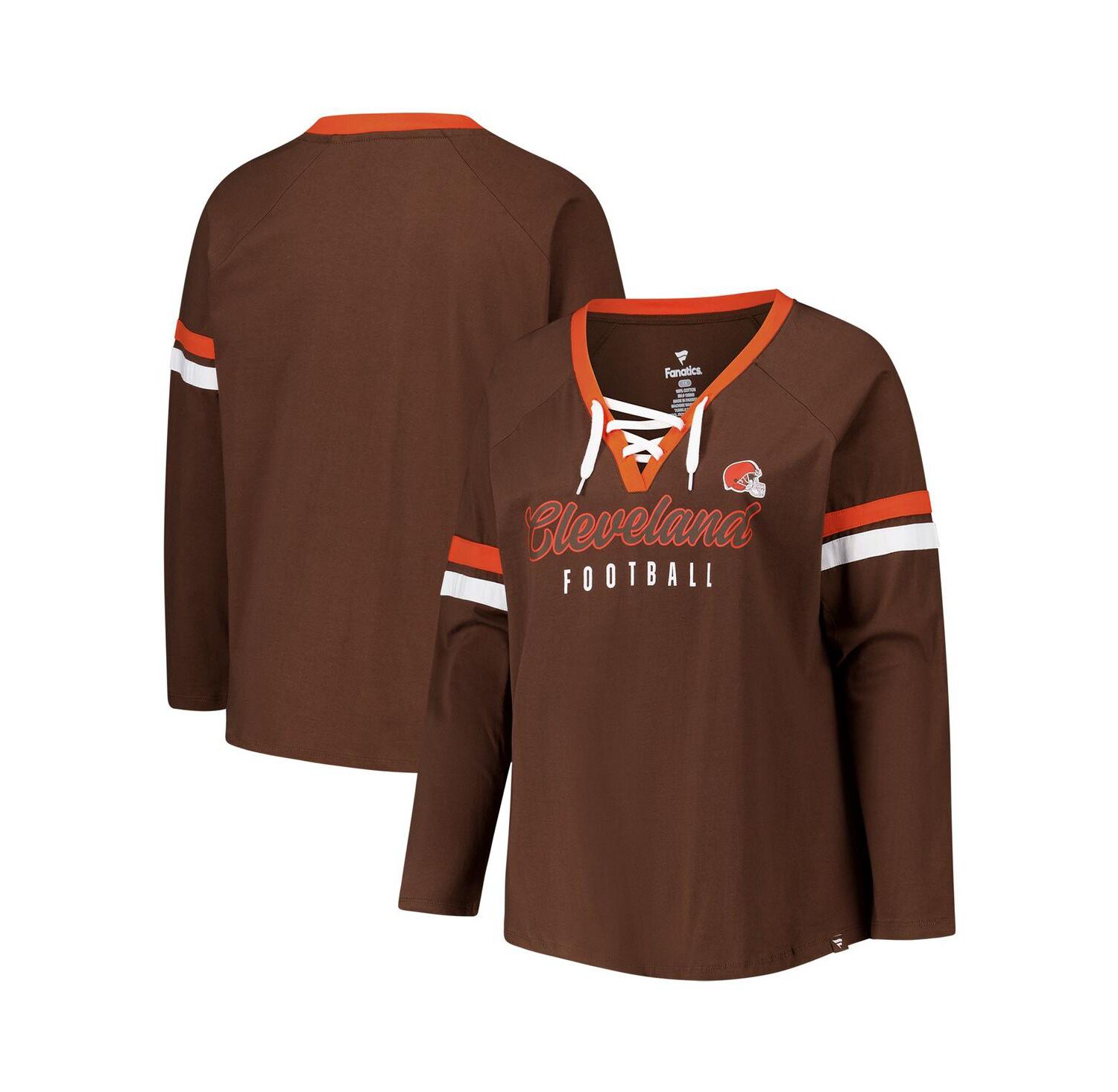Women's Brown Cleveland Browns Plus Size Won Done Lace-Up V-Neck Long Sleeve T-Shirt