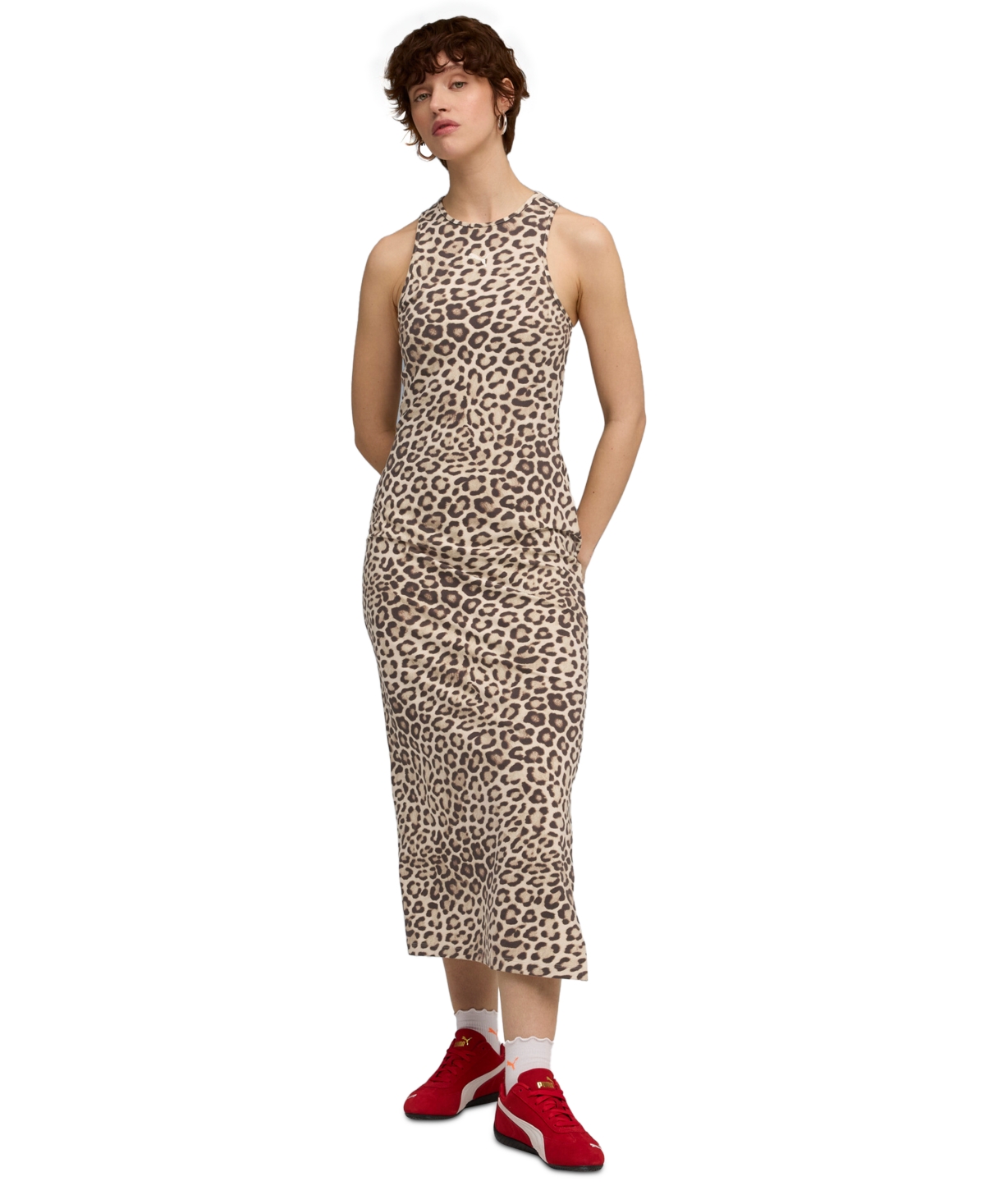 Puma Leo Leopard Print Stretch Cotton Tank Dress In Multi