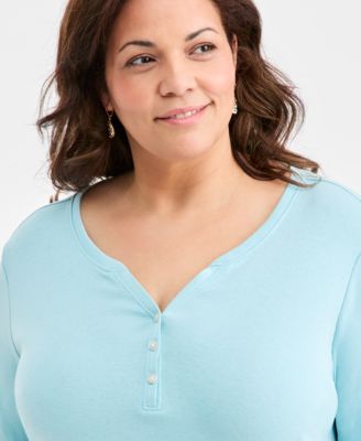 Plus Size 3/4-Sleeve Cotton Henley Top