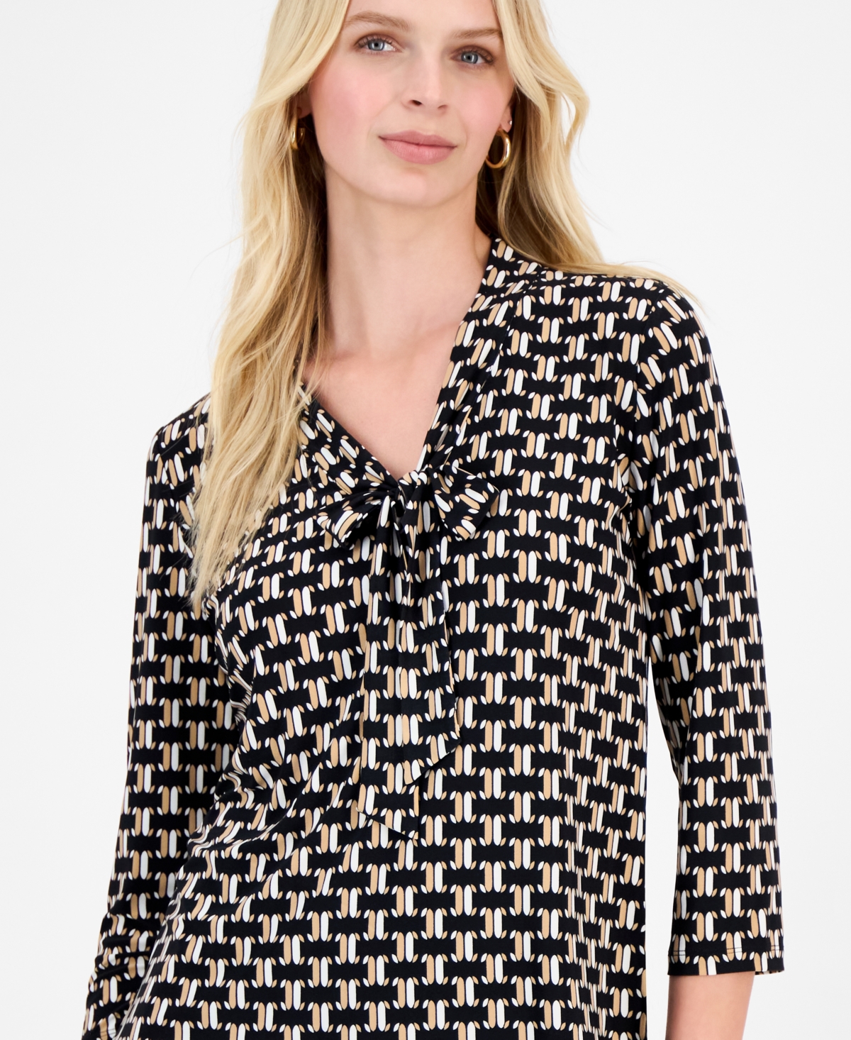 Kasper Women's Geo-Print Tie-Neck 3/4-Sleeve Blouse