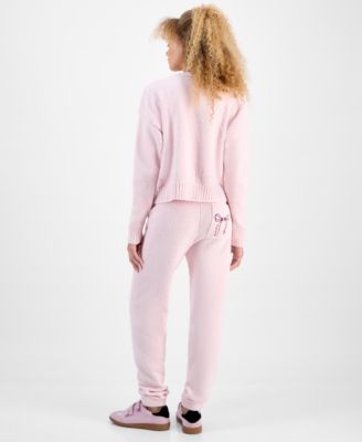 Hippie Rose Juniors Bow Teddy Knit Tank Cardigan Set Bow Teddy Knit Jogger Pants In Pink