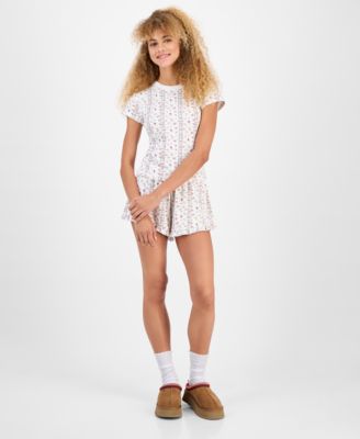 Just Polly Juniors Floral Print Pointelle Short Sleeve Top Floral Print Pointelle Shorts In White
