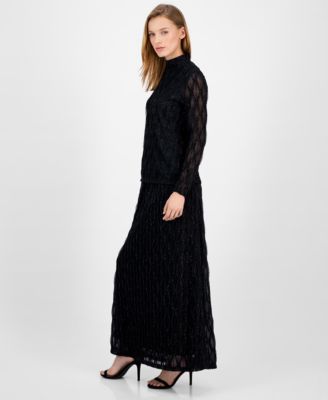 Anne Klein Womens Glitter Long Sleeve Mock Neck Top Glitter Flared Maxi Skirt In Black